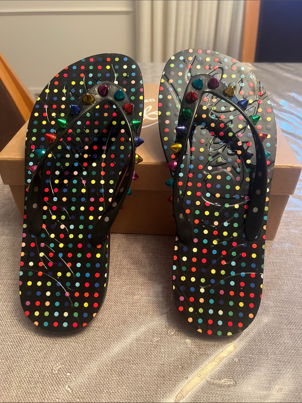 Christian Louboutin Black Polka Dot Studded Flip Flops